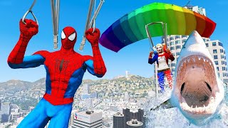 HOMEM ARANHA E ARLEQUINA PULANDO DE PARAQUEDAS POR CIMA DE TUBAROES NO GTA 5 [upl. by Miquela200]