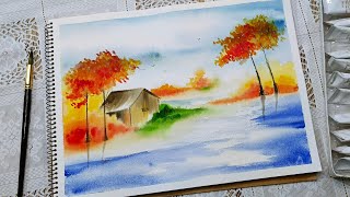 Easy Watercolor Autumn Landscape Scenery Painting  Step by Step Tutorial for Beginners [upl. by Noami210]