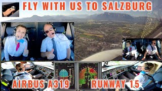 SALZBURG SZG  Sightseeing approach and landing on runway 15  Airbus A319 pilots  cockpit views [upl. by Airdna]