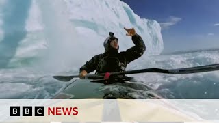 Kayakers breathtaking 20m drop down ice waterfall in Norway  BBC News [upl. by Ridgley]