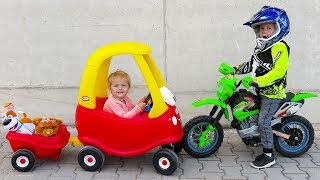 OUTDOOR ACTIVITY  Little Tikes Cozy COUPE with Elis and Thomas Ride on Power Wheel Dirt Bike [upl. by Nollaf]