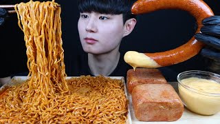 불닭볶음면 킬바사소시지 통스팸 치즈소스 먹방ASMR Kielbasa sausage Spicy noodles spam mukbang であれば、ソーセージ eating sounds [upl. by Ettedualc]