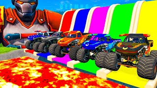 5 MONSTER TRUCK VS GIANT COLOR WATER SLIDE 046 [upl. by Aneez]