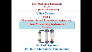 Basic Mechanical Engineering Unit 2Measurement and Production Lecture 11 Rotameter [upl. by Zenas]