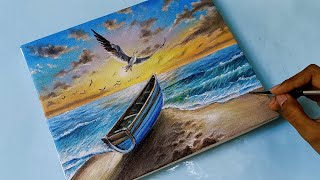 How To Paint Morning Seascape Acrylic painting For Beginners [upl. by Rorrys187]