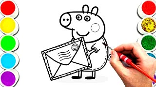 Peppa pig with envelope drawing and coloring for kids and toddlers Easy peppa pig drawing [upl. by Immaj280]