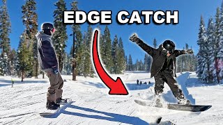 Teaching a Beginner Snowboarder to Stop Catching an Edge [upl. by Ynohtna]