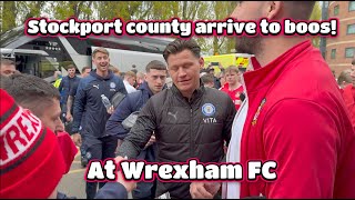 Stockport County FC arrive at WREXHAM FC to boos [upl. by Kimmi28]