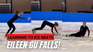 Freestyle skier champion EILEEN GU is learning to ice skate and FALLS [upl. by Aitekram]