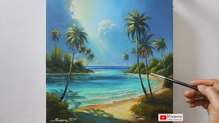 How to Acrylic Painting Nature Beach Blue Lagoon Coconut trees on Canvas Step by Step Techniques [upl. by Lusa]