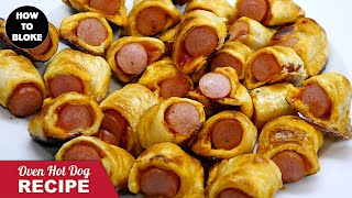 HowToBloke makes HotDog Sausage Recipe — Frankfurterstyle sausage oven baked in flakypuff pastry [upl. by Atsedom32]