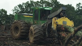 Steep Tract with Triple J Logging  768LII Bogie Skidder  John Deere Forestry [upl. by Annoyek968]