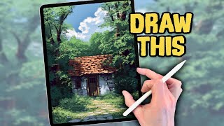 PROCREATE Landscape DRAWING Tutorial in EASY Steps  Secret Forest Hut [upl. by Kcirdnekal]