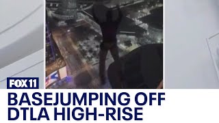 Oceanwide Plaza Base jumpers leap from DTLA highrise [upl. by Eitsym887]