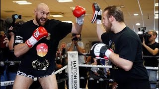 TYSON FURY LIGHTING FAST HAND SPEED ON PADS AT MEDIA WORKOUT [upl. by Oiceladni]