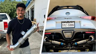 INSTALLING A NEW CATLESS DOWNPIPE AND FULL TOMEI EXHAUST KIT ON MY TOYOTA SUPRA “Extremely loud” [upl. by Nojel]