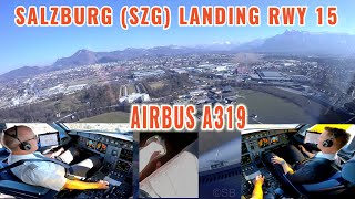 Salzburg SZG  scenic Airbus approach towards the alps to runway 15  pilots  cockpit view  4k [upl. by Landing889]