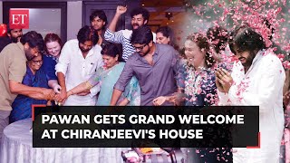 Pawan Kalyan gets grand welcome at brother Chiranjeevis house after his victory in AP elections [upl. by Bagley]