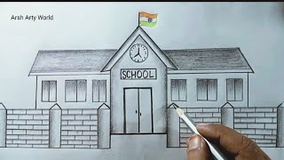 How To Draw A School Step By Step with Pencil  School Drawing Easy [upl. by Blum637]