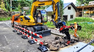 Road repair Liebherr A918 compact RC excavator Rototilt R4 Mercedes sprinter RC scale models [upl. by Natsreik481]