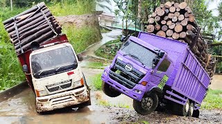 HUJAN BADAI Truk CANTER ENGKEL Truk Hino 500 Jember TRUK OLENG muatan Kayu rimba Truk Terguling [upl. by Parcel7]