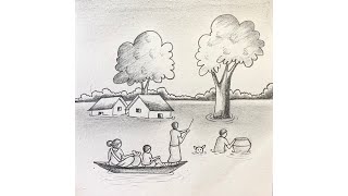 Simple and easy flood scenery drawing with pencil [upl. by Enail680]