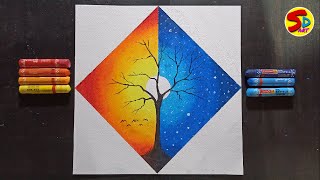 How to draw day night painting oil pastel diamond shape painting draw day night scenery easy art [upl. by Phina902]