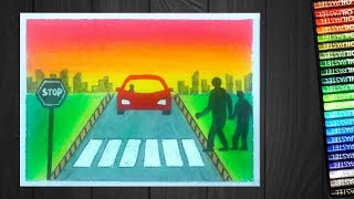 How to draw Road Safety poster with oil pastels  step by step [upl. by Ahsinid116]