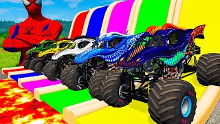 5 MONSTER TRUCK VS GIANT COLOR WATER SLIDE 058 [upl. by Vesta327]