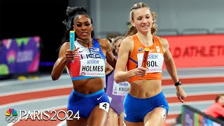 Femke Bol vs Alexis Holmes anchor leg duel decides tight 4x400 final at Indoor Worlds  NBC Sports [upl. by Idoc921]