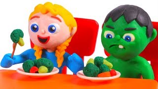 SUPERHERO BABIES EAT HEALTHY ❤ SUPERHERO PLAY DOH CARTOONS FOR KIDS [upl. by Yrod156]