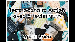 Tests pochoirs Action avec 5 techniques scrapbooking [upl. by Analos249]