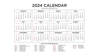 Free Year 2024 Calendar Printable with Holidays  Wiki Calendar [upl. by Laram462]