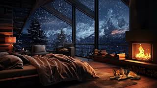 Snow Storm and Breathtaking View from the Bed in a Cozy Cabin Crackling Fire amp Wind Sound  Winter [upl. by Inalaek]