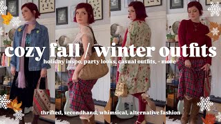 15 cozy fall  winter outfits 🍂❄️  holidays parties casual  thrifted secondhand fashion inspo [upl. by Eadrahc]