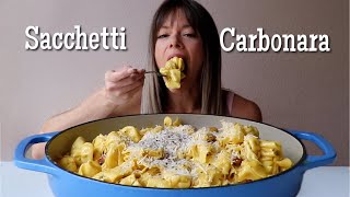 Four Cheese Sacchetti Carbonara MUKBANG  Recipe [upl. by Narut]