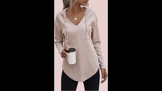 Womens V Neck Hoodies Long Sleeve Sweatshirt Drawstring Pullover Tops with Pocket [upl. by Eugirne326]