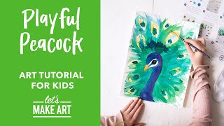 How to Paint a Peacock 🦚  Childrens Art Lesson by Nicole Miyuki of Lets Make Art [upl. by Romie]