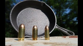 9mm vs 40 Cal vs 45 ACP  Cast Iron Skillets [upl. by Aibsel]