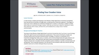 Finding Your Creative Voice  Wharton Global High School Investment Competition Lesson [upl. by Alleiram564]