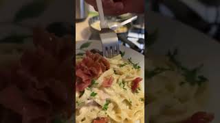 Special tagliatelle carbonara cremosa with ￼￼crispy Parma ham [upl. by Novehs]