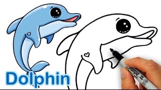 How to Draw a Cartoon Dolphin Cute and Easy [upl. by Vinn650]