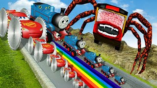 Big amp Small Lightning Mcqueen with Saw Wheels vs Thomas Train vs Monster Spider Truck BeamNGDrive [upl. by Ignacia541]