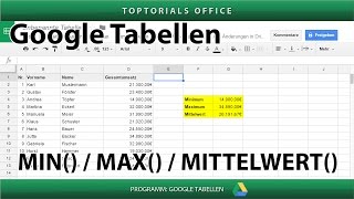 Min Minimum Max Maximum amp Mittelwert ausgeben  Google Tabellen  Spreadsheets [upl. by Vins]