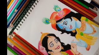 Radha Krishna ji step by step drawing with oil pastelpencil colour Radharani Krishna in A5 paper [upl. by Gerstner737]