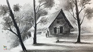 How to draw and Paint a Hut in Rural Scenery Art [upl. by Nuoras35]