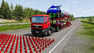 Double Flatbed Trailer Truck vs Speedbumps  Train vs Cars  Tractor vs Train  BeamNGDrive 8 [upl. by Nivan261]