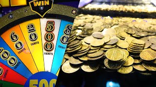 BIG JACKPOTS AT THE COIN PUSHER BONUS WHEEL [upl. by Ateikan809]