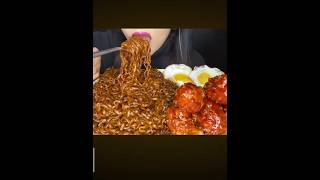 Black bean noodleshalf fried egg and chicken lollipop mukbang eatingshow food foodieph [upl. by Keviv]