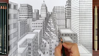 Drawing A City in One Point Perspective  Timelapse [upl. by Appleton]